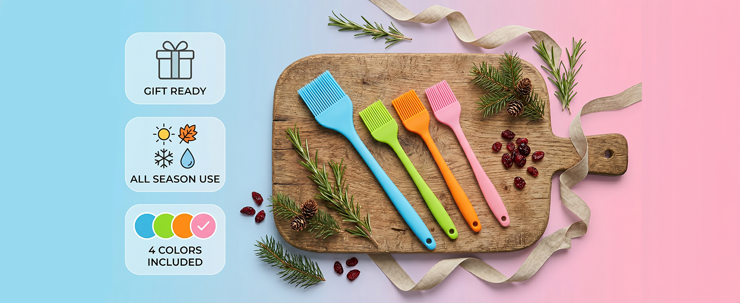Four colorful silicone basting brushes on wooden board with festive decor and gift ready badges
