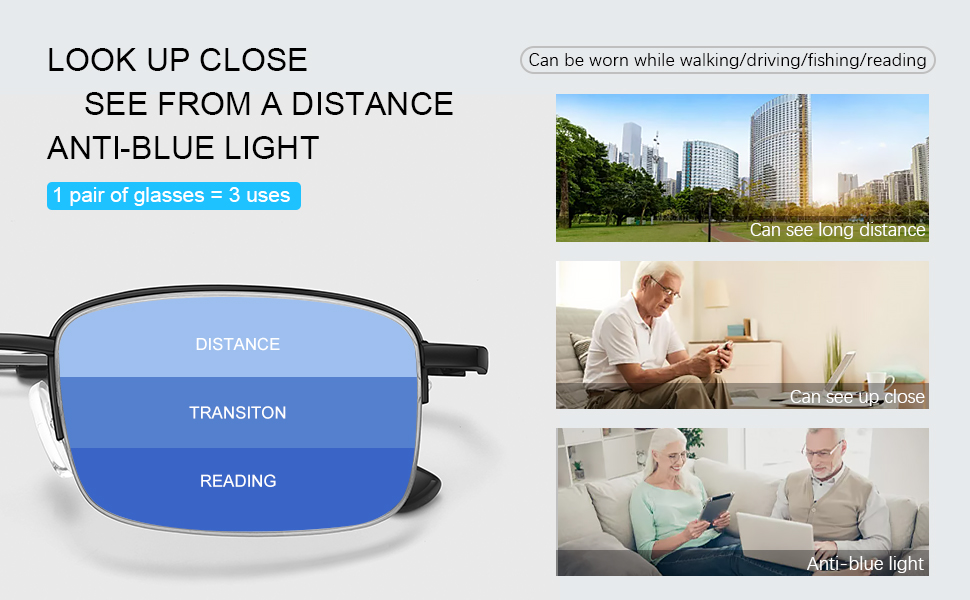 3 Magnifications in 1 Lens No Line Progressive Multifocal Reading Glasses