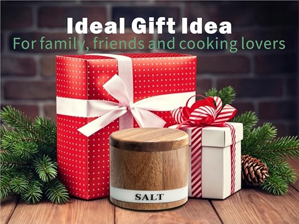 ThougrLyh Acacia Wood Salt Cellar with Swivel Lid and Built-in Spoon for Countertop Spice Storage
