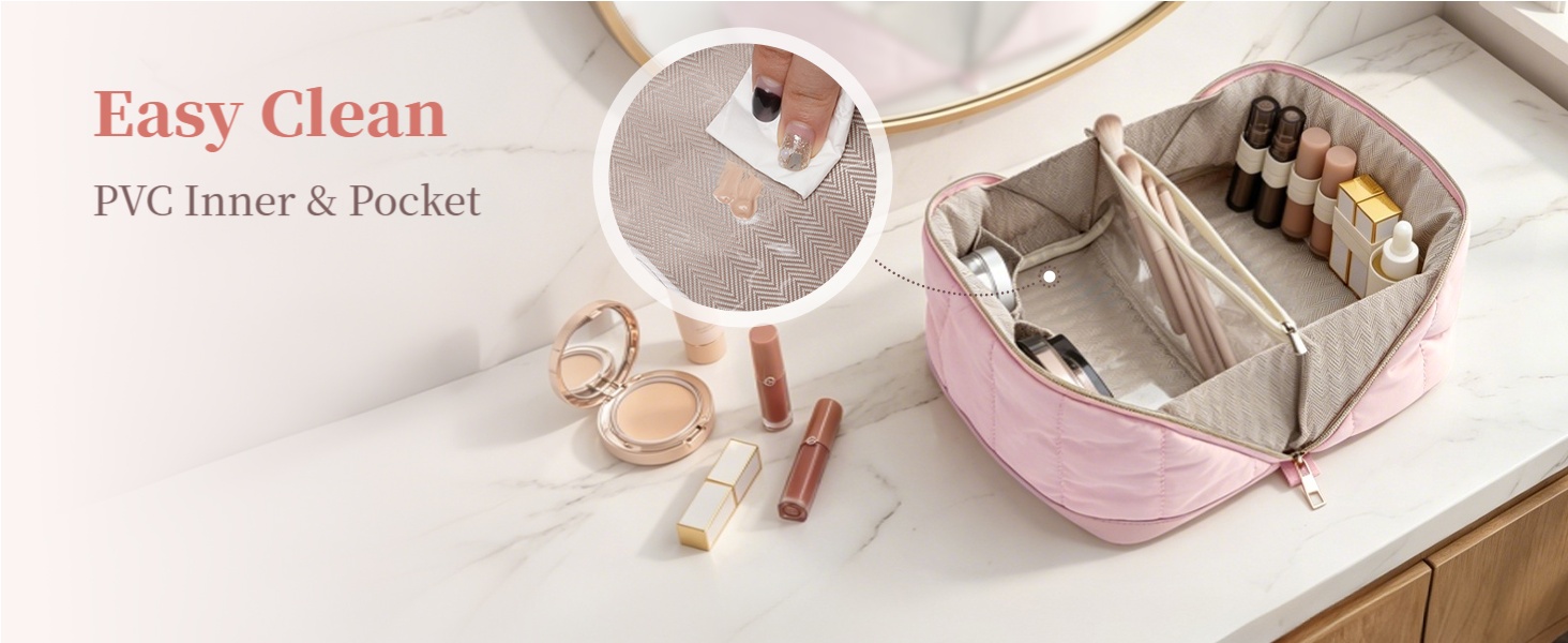 travel makeup bag with wipe-clean lining