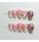 30Pcs Cute Halloween Press On Nails Short Almond Shape Fake Nails Pink Ghost Spider Web Heart Rhi...