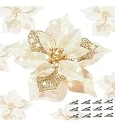 QIHANS 24 Pcs Christmas Poinsettia Flowers Artificial with Clips, 5.9" Christmas Decor Glitter Po...