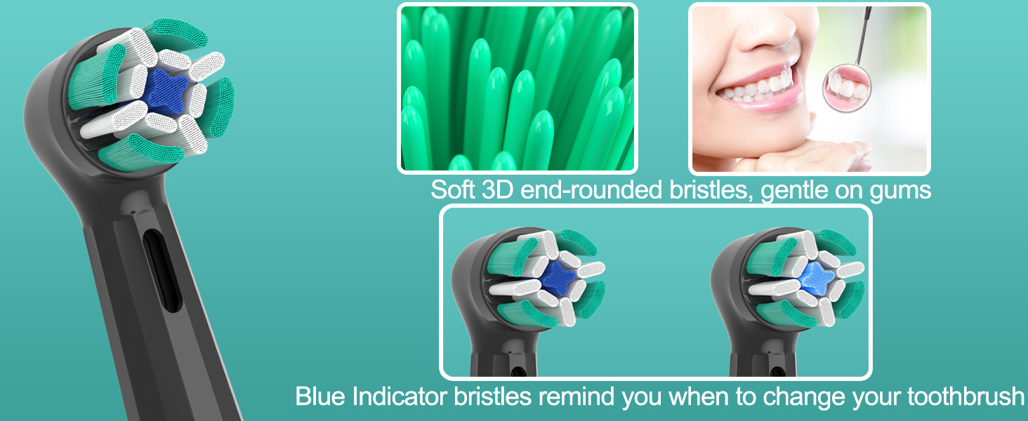 Electric toothbrush head with round bristle pattern. Features white and blue indicator bristles, soft 3D end-rounded bristles, and multiple panels showing close-ups of bristles and dental care.