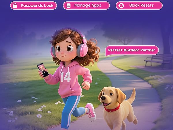 Child jogging with an MP3 player, enjoying safe music outdoors with a pet dog.