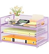 Subekyu 3 Tier Letter Tray Paper Organizer with Handle and 1 Pcs Sliding Tray, Purple Metal Mesh ...