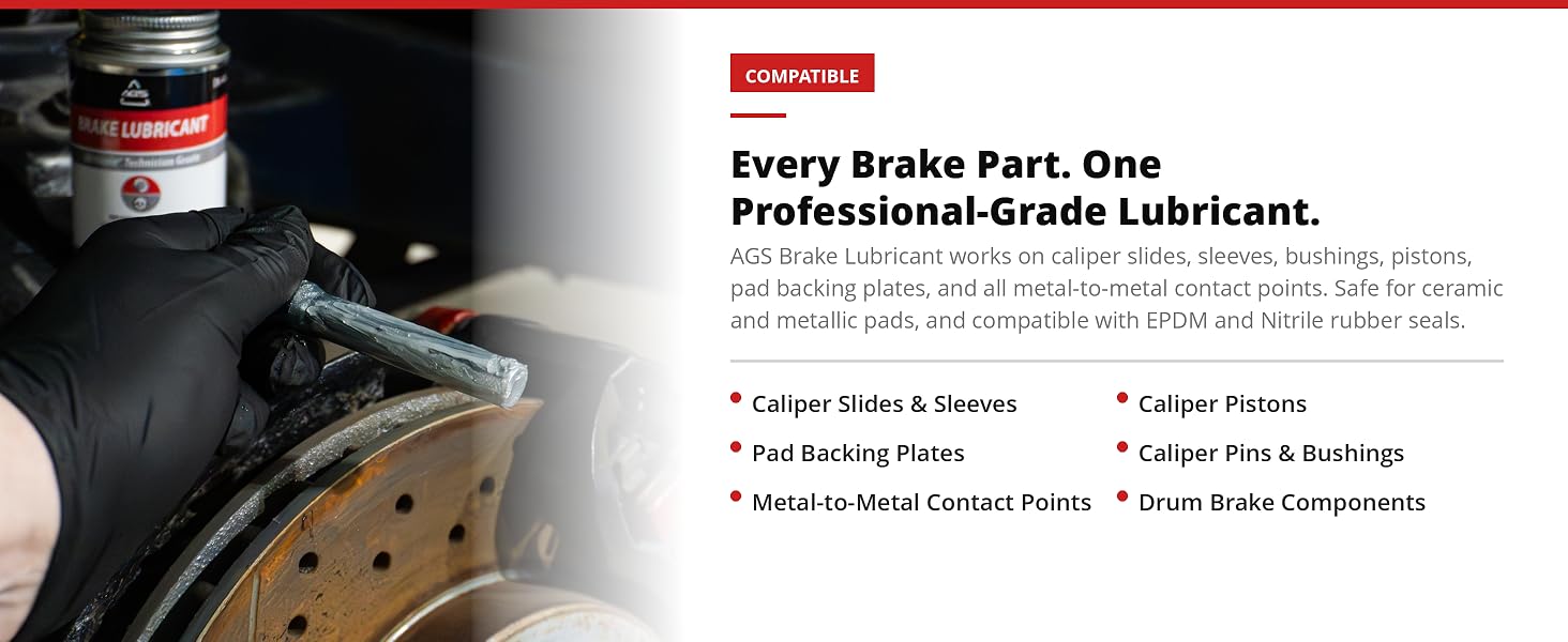 AGS Brake Lubricant at brake rotor with six compatible brake part applications listed