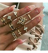 Edary Boho Rhinestone Rings Leaf Joint Knuckle Rings Set Flower Carved Rings Gold Mid Rings for W...
