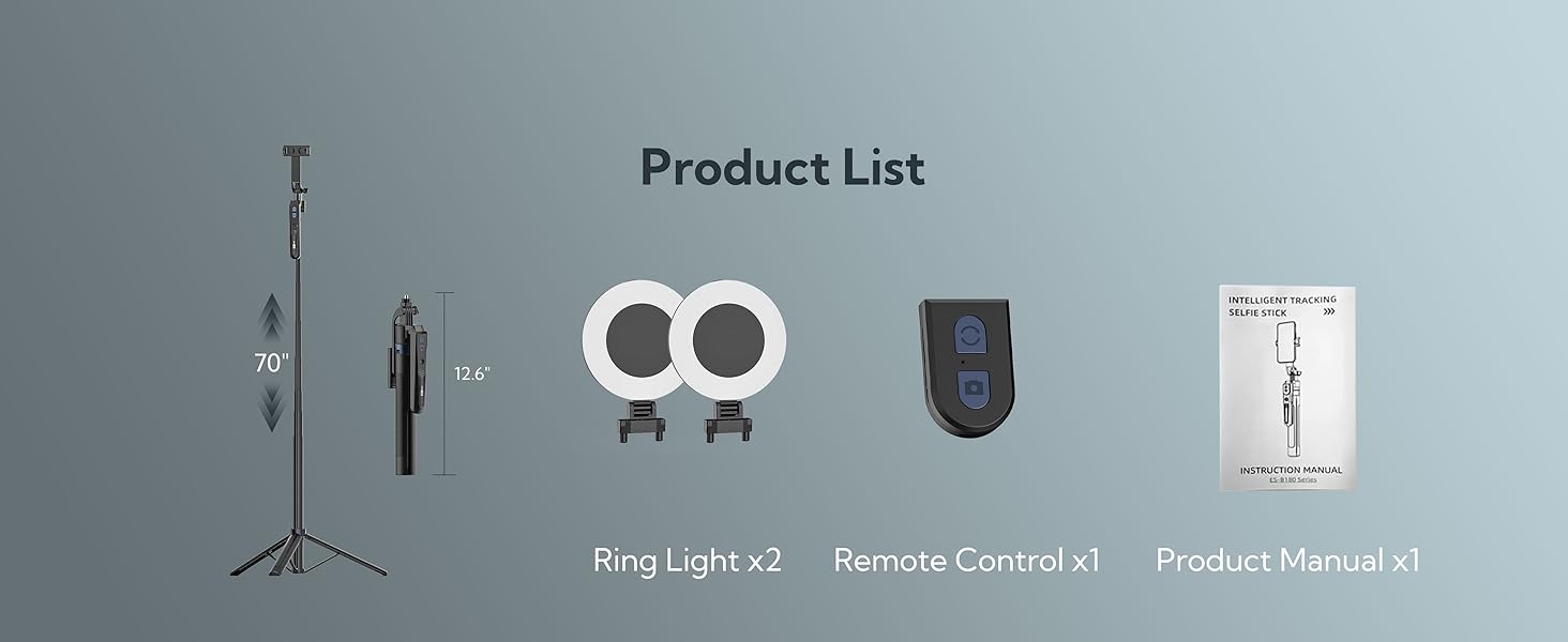 Product list showing photography equipment: tripod, light stands, ring lights, remote control, and product manual against a gray background.