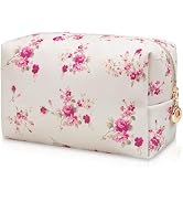 Floral Waterproof Makeup Bag, Leather Cosmetic Bag with Compartments, Zipper Make up Pouch Organi...