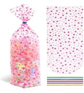 Somioco 100 Pcs 6 “X10” Bottomed Cellophane Goodie Bags Pink Star Prints Party Favor Bags Clear C...