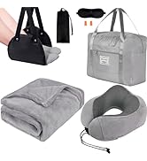 Travel Pillow and Blanket Set & Foot Rest, Memory Foam Neck Pillow Airplane Blanket & Airplane Fo...