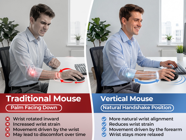 Text reads 'Traditional Mouse' and 'Vertical Mouse' with product comparison. Two side-by-side photos showing man using traditional and vertical ergonomic mouse designs at desk.