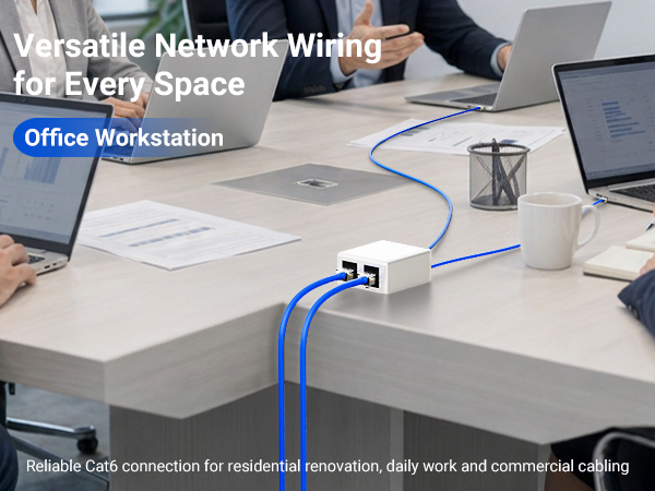 Text reads 'Versatile Network Wiring for Every Space' and 'Office Workstation' with subtitle 'Reliable Cord connection for residential, renovation, daily work and commercial cabling.' Blue Ethernet cable on beige desk with laptops, papers, and office supplies in workspace.