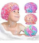 Shower Cap for Kids, 3 Pcs Kids Shower Caps for Girls, Cute Rainbow Hair Cap Wide Elastic Band, P...