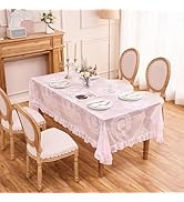 Raedan Pink Lace Tablecloth with Ruffled Hem, Floral Embroidered Rectangular Table Cover, Vintage...
