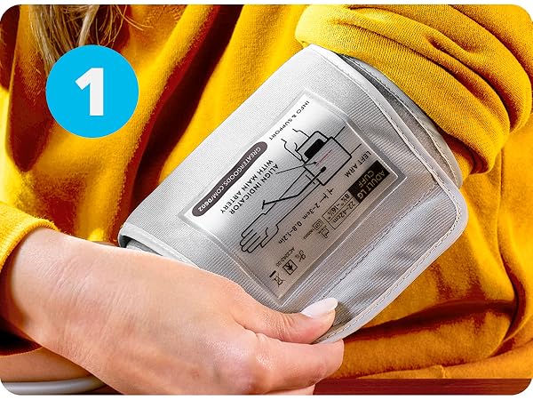Greater Goods blood pressure monitor place comfortable cuff snug around the upper arm