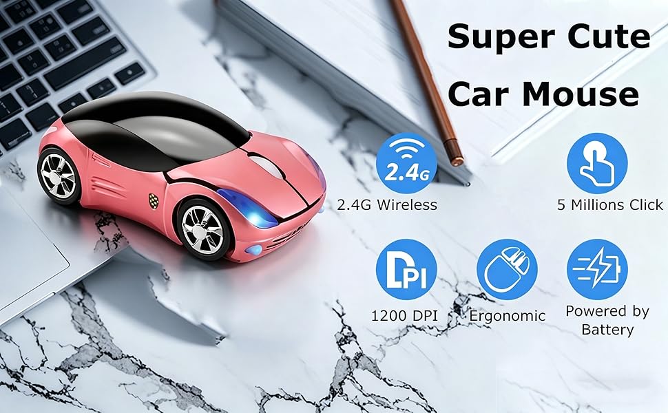Cute Wireless Mouse Car Shape Optical PC Laptop Computer Tablet home school student travel gift