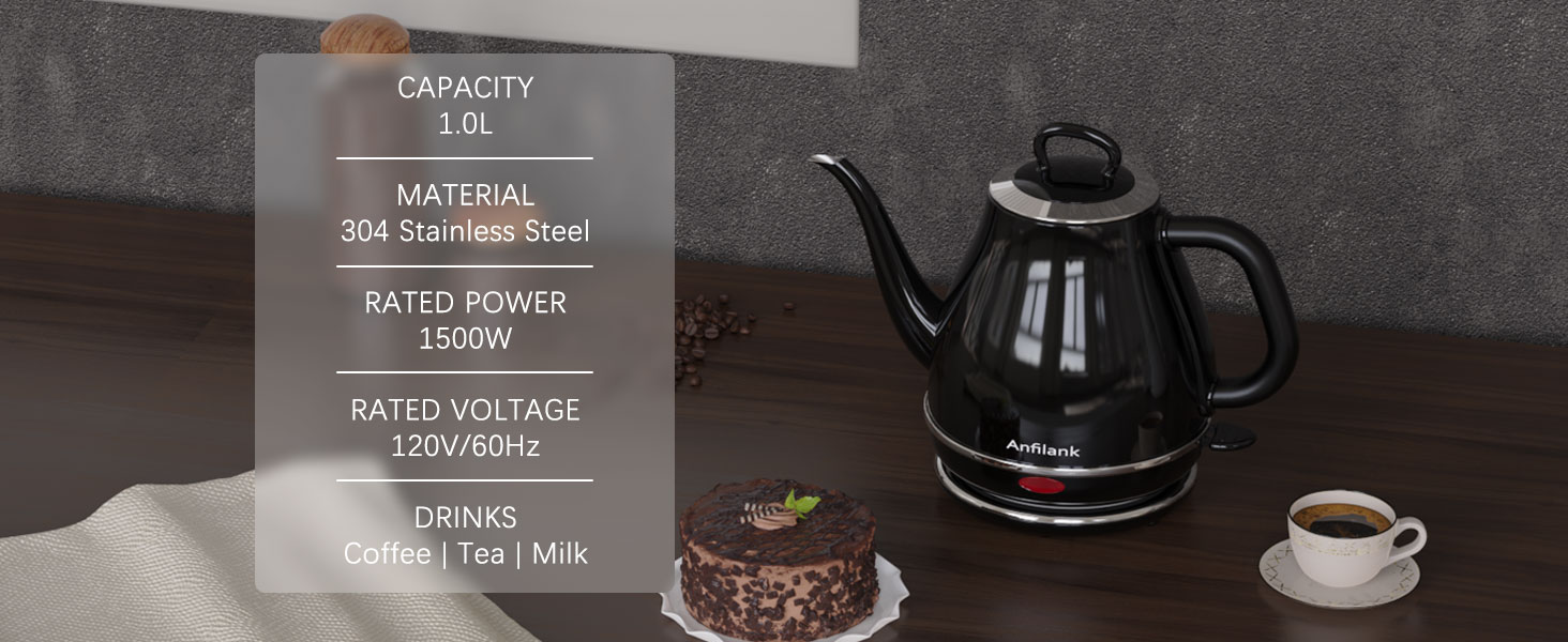 black gooseneck electric kettle1l, stainless steel, coffee / tea / milk / oats, etc.