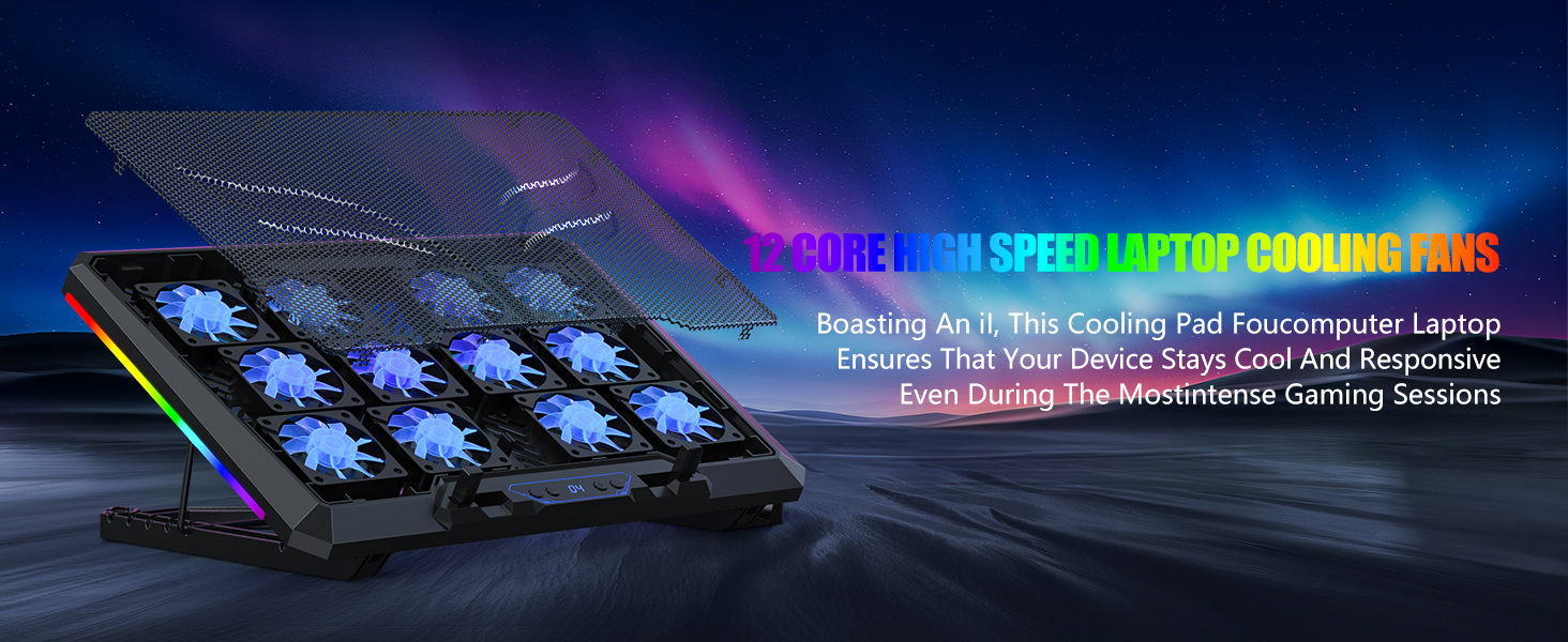 Text reads 'SHELL LED SUPER LAPTOP COOLING PAD'. Gaming laptop cooling pad with blue LED lights and mesh surface displayed against dark background with purple and blue lighting effects.