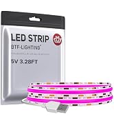 BTF-LIGHTING FCOB USB Powered Purple Color COB LED Strip Lights 3.28FT 320LEDs 5V 8mm Width 90+ H...