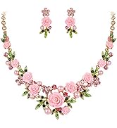 EVER FAITH Women's Austrian Crystal Simulated Pearl Rose Flower Leaf Necklace Pierced Earrings Set