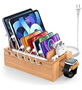 Bamboo Charging Station for Multiple Devices with 5 Port USB Charger, 5 Charger Cables and Watch ...