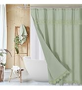 Gibelle Boho Farmhouse Shower Curtain Set, Linen Cotton Fabric Shower Curtain with Macrame Lace D...