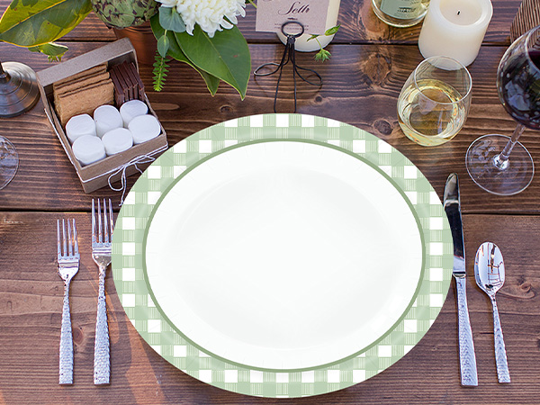 sage green and white gingham oval paper plates disposable dinner plates wedding birthday party plate