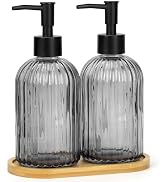 2 Pack Stripe Glass Soap Dispenser with Black Plastic Pump & Bamboo Tray, 400ml Liquid Hand Soap ...