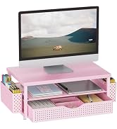 gianotter Wood Monitor Stand Riser, Desk Organizer with Drawer and 2 Pen Holders, 2-Tier Workspac...