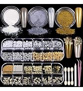 Teenitor Gold Chrome Nail Powder Kit with Nail Charms and Gems, Pearl Nail Chrome Powder for Nail...