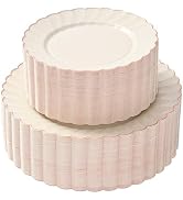 By Madee HEAVYWEIGHT 100 PC Ivory Scalloped Plates with Rose Gold Trim | 50 Dinner Plates & 50 De...