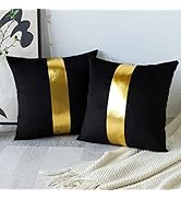 Artscope Black Velvet Throw Pillow Covers with Gold Leather Stitching Luxury Modern Minimalist Sq...