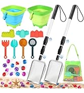 Beach Sand Toys Set with 2 PCS Adjustable Shark Tooth Sifter, Collapsible Beach Bucket,Sandbox Sh...