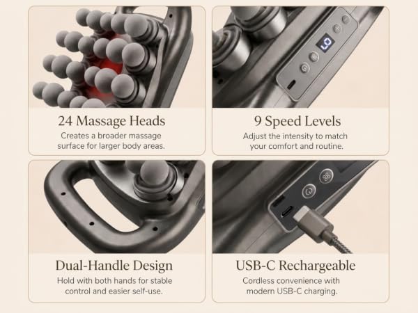 Massage gun with 24 heads, 9 massage modes, 9 speeds, and dual-handle design