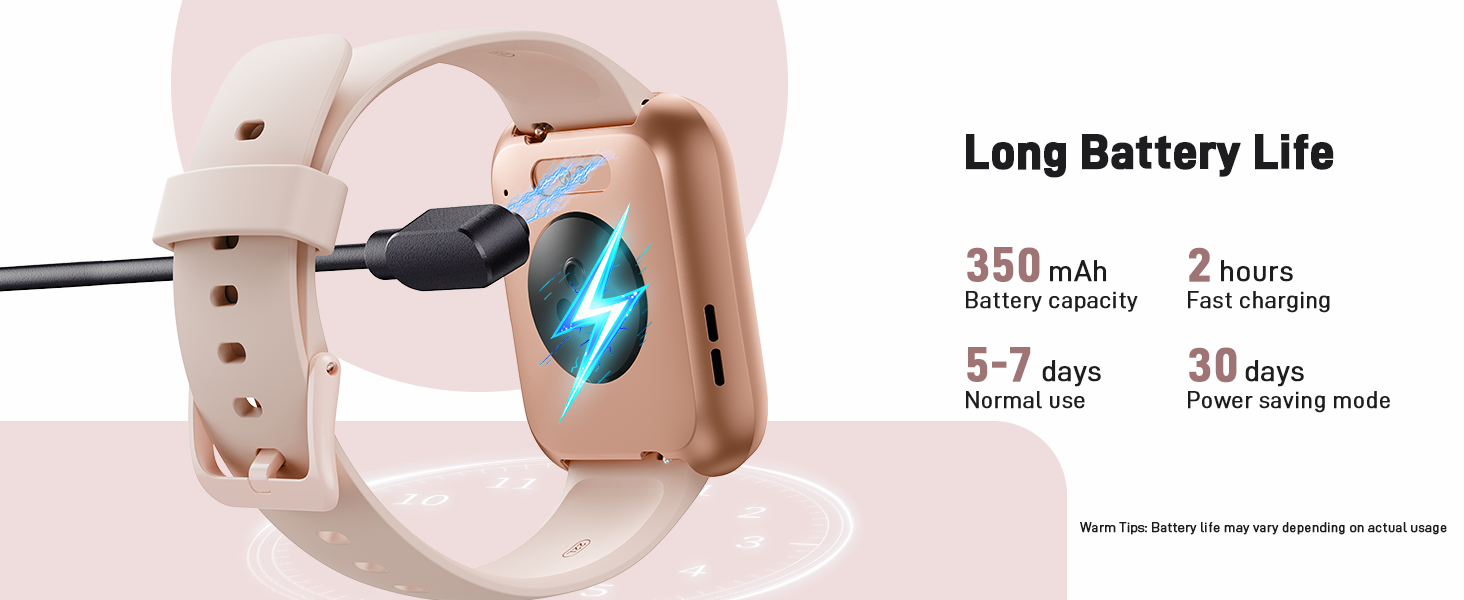 Beige smartwatch with long battery life. Features include 350 mAh battery, 2-hour fast charging, 5-7 days normal use, and 30 days power-saving mode. Charging cable shown connected.