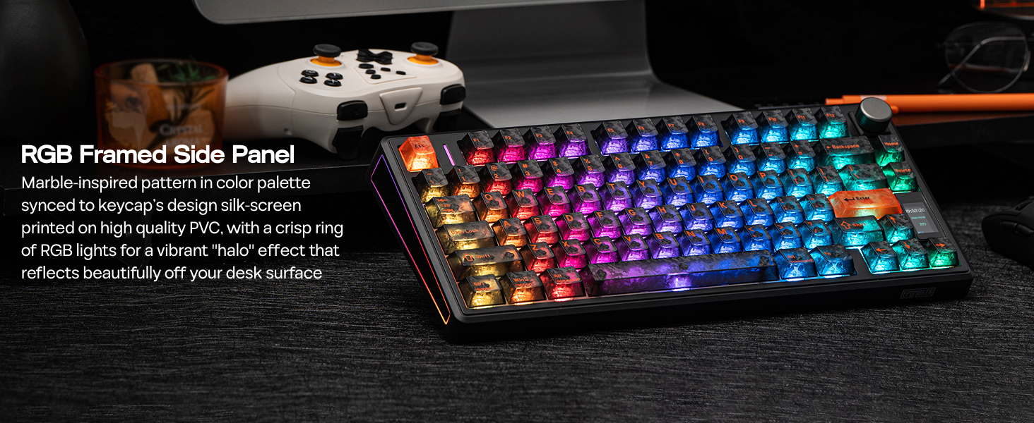 Mechanical gaming keyboard with vibrant RGB backlighting displaying rainbow colors across the keys.