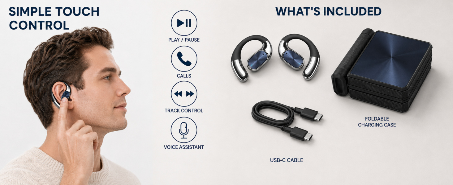Open-ear earbuds with touch controls, foldable charging case and USB-C cable.