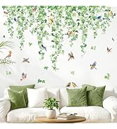 Tanlaby 51" x 33.5" Hanging Vine Wall Decals Green Leaves Plants Birds Flowers Ivy Wall Stickers ...