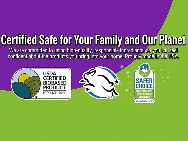 certified safe , usda certified biobased prodcut, leaping bunny, safer choice certified
