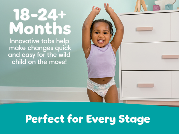 18-24+ months, innovative tabs help make changes quick and easy for the wild child on the move!