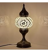 GOGERS Decorative Mosaic Bedside Lamp, Turkish Moroccan Style Table Lamp with White Silver Glass ...