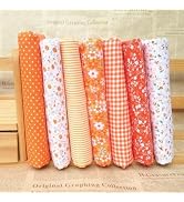 Cotton Fabric Squares for Quilting, 10 x 10 inches, 7 Pieces, Floral Dot Pattern (Orange)