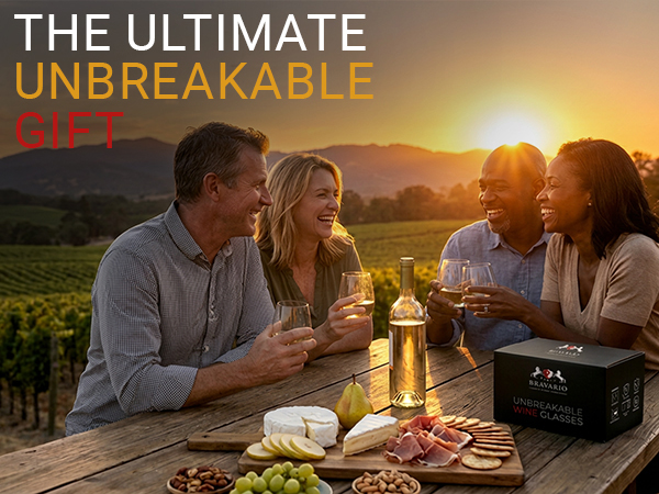 Friends celebrating with a stemless wine glasses set 4 gift at a vineyard picnic at sunset.