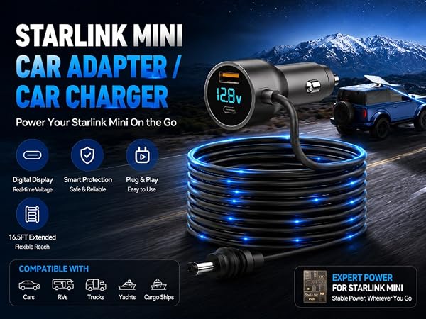 Starlink Mini car charger adapter with digital voltage display plug and coiled DC power cable