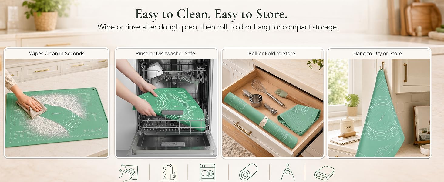 KOYMILEY pastry mat is wiped clean, rolled with a strap and hung from the cat-paw hole for storage
