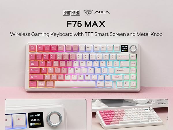 Text reads 'F75 MAX' and 'Wireless Gaming Keyboard with TFT Smart Screen and Metal Knob'. RGB backlit keyboard with LED display screen and control dial.