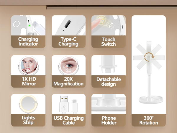 Text reads: 'Charging Indicator, Type-C Charging, Touch Switch, USB Charging Core, Power Head, 360° Rotation, 15 HD Mirror, 20X Magnification, Detachable design'. Technical specification icons in beige/brown color scheme.
