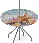 Outdoor Round Fitted Tablecloth - Beach Starfish Elastic Edge Circular Table Cloth with Umbrella ...