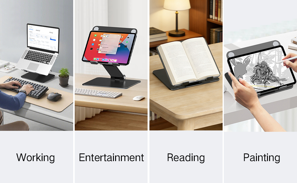 Text reads 'Working Entertainment Reading Painting'. Multiple images showing tablet holder in use for different activities like desk work and entertainment viewing.